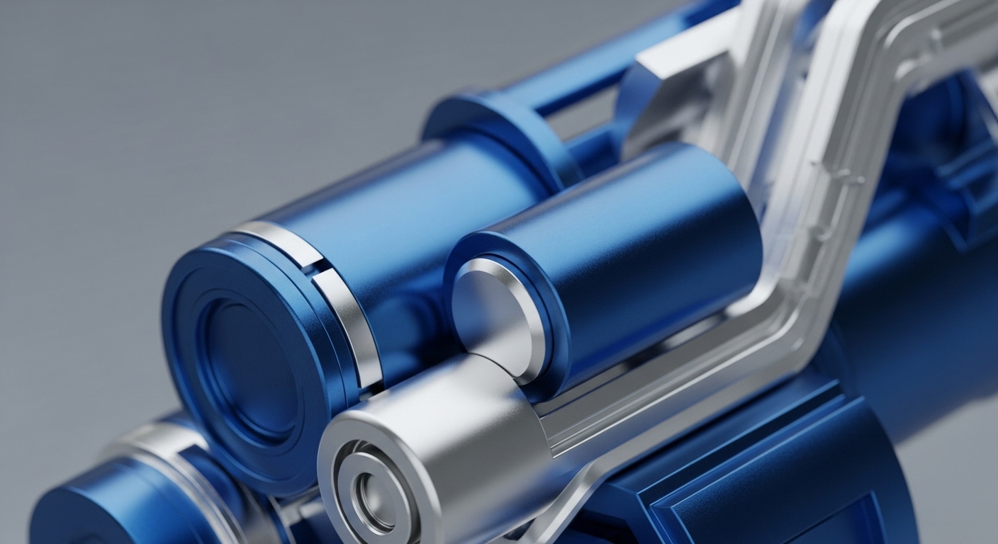 The image displays a close-up of interconnected blue metallic cylindrical components, featuring polished silver accents and translucent tubing, set against a neutral grey background. These precisely engineered elements suggest a sophisticated mechanical or electronic system, highlighting intricate connections and modular design