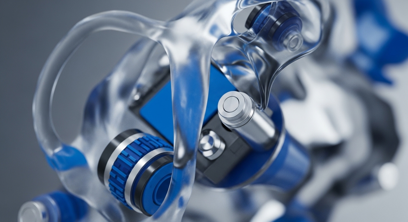 A close-up view reveals a transparent, fluidic-like structure encasing precision-engineered blue and metallic components. The composition features intricate pathways and interconnected modules, suggesting a sophisticated internal mechanism