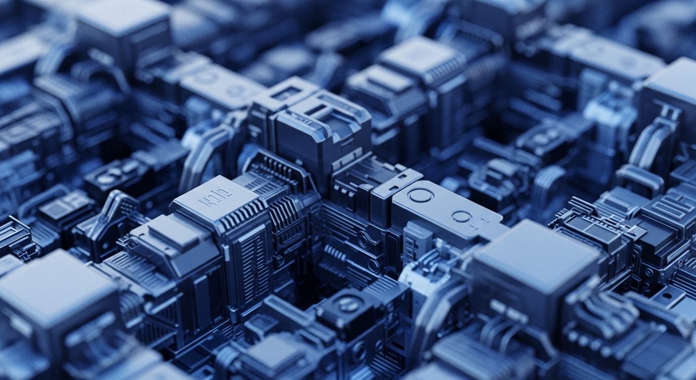 The image presents a close-up, high-detail rendering of an intricate, metallic, and blue-tinted technological landscape, featuring numerous interconnected modules and components. These elements are arranged in a dense, circuit-like pattern, with varying depths of field highlighting specific structures and etched alphanumeric identifiers