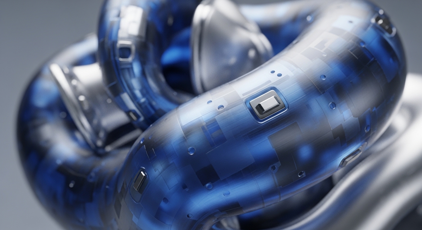 The image features a detailed close-up of intertwined, tubular structures. One prominent element is translucent deep blue, revealing internal circuit-like patterns and small, embedded metallic rectangular components, while other structures are smooth, reflective silver