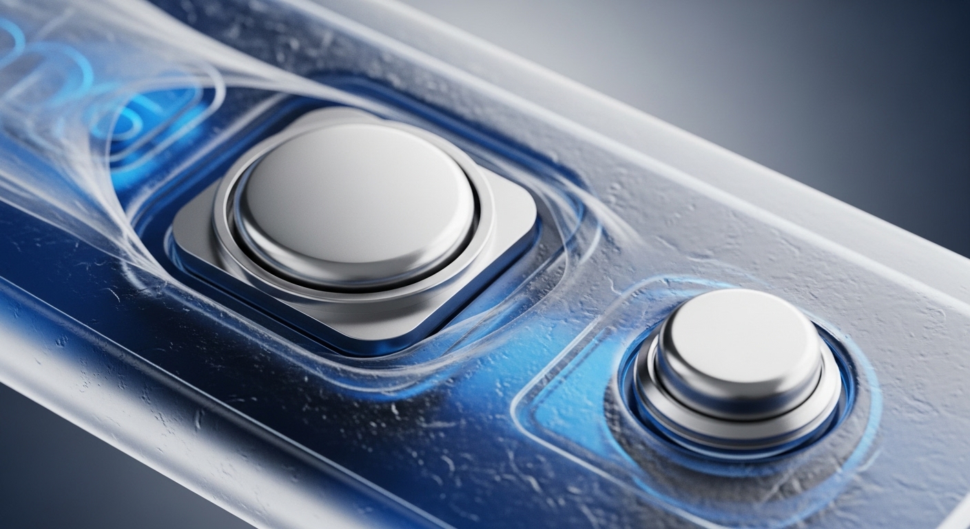 A detailed, angled perspective showcases a futuristic device featuring two polished, circular metallic buttons integrated into a translucent, textured casing. Beneath the clear surface, intricate blue patterns flow dynamically, suggesting internal processes or energy conduits