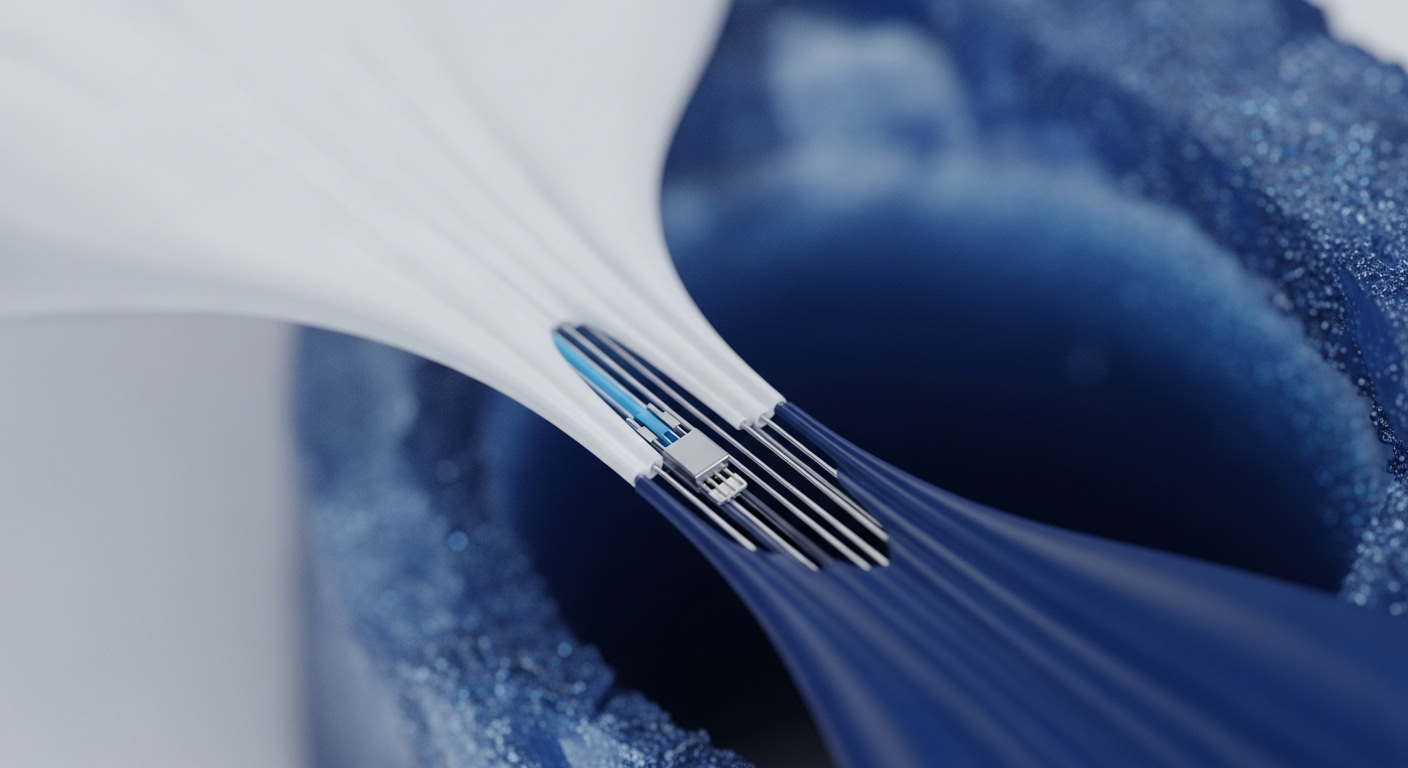 A central metallic microchip, possibly an ASIC, is intricately connected by numerous white and blue strands. These strands represent data streams or transaction pathways, flowing into and out of the component
