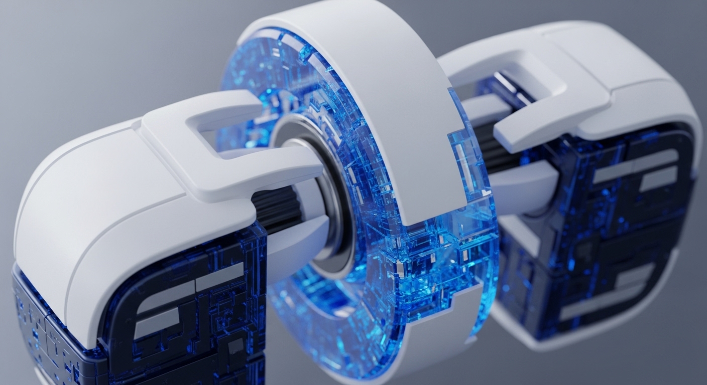 A high-tech component displays two white, structural casings connected by a central axis, revealing transparent blue internal elements with intricate illuminated circuitry. The glowing blue patterns suggest complex data flow and processing within a sophisticated digital system