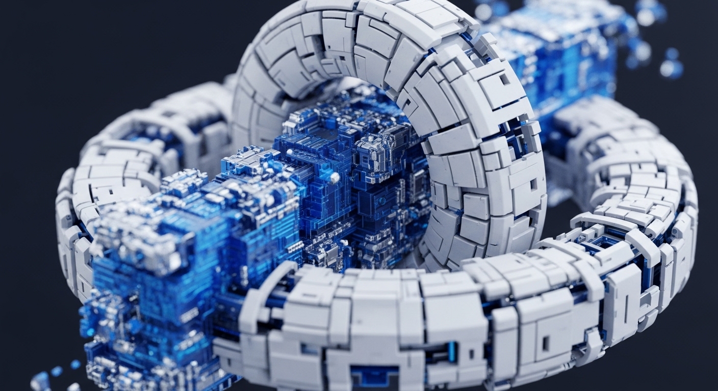 A detailed 3D render displays a large, segmented white ring structure, meticulously crafted with intricate mechanical elements, enclosing and interacting with a glowing, fragmented blue core. The inner blue components appear as crystalline data blocks, some detaching and dispersing, all set against a dark, undefined background