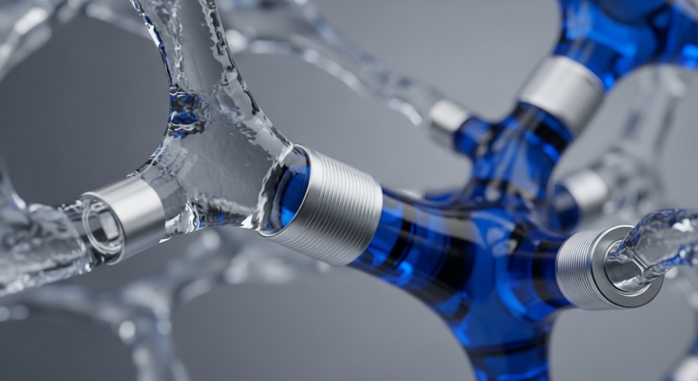 A close-up view reveals a complex network of transparent, interconnected tubular channels. Some conduits transport clear liquid, while others carry a distinct vibrant blue fluid, all secured by metallic, ribbed connection rings
