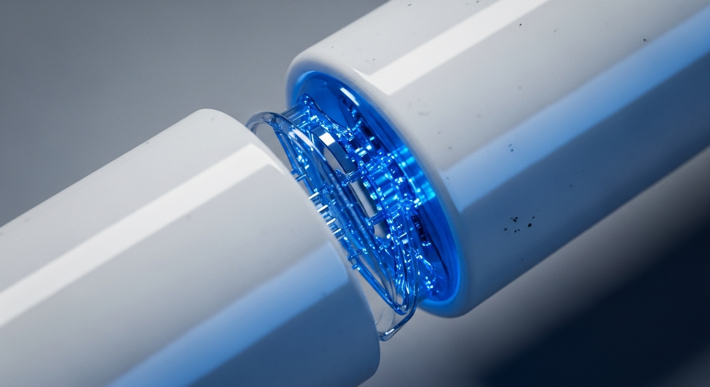 Two white, multi-faceted components, resembling blockchain nodes, connect via a transparent, intricate interface. This central mechanism emits vibrant blue light, signifying active data flow and processing. Its complex internal structure suggests cryptographic hashing or transaction validation within a distributed ledger. This depicts a cross-chain bridge facilitating secure, permissionless interoperability. The blue luminescence highlights proof-of-stake consensus efficiency, ensuring robust network integrity and decentralized autonomous organization governance.