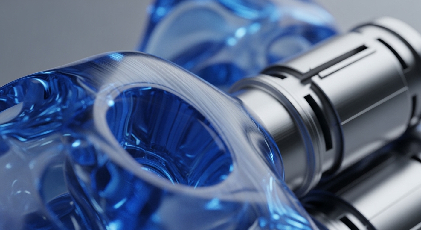 A close-up perspective reveals a sophisticated interplay of translucent blue components and matte silver metallic structures. The blue elements, resembling fluid conduits, exhibit dynamic internal reflections, while the metallic cylinders feature precise, segmented designs