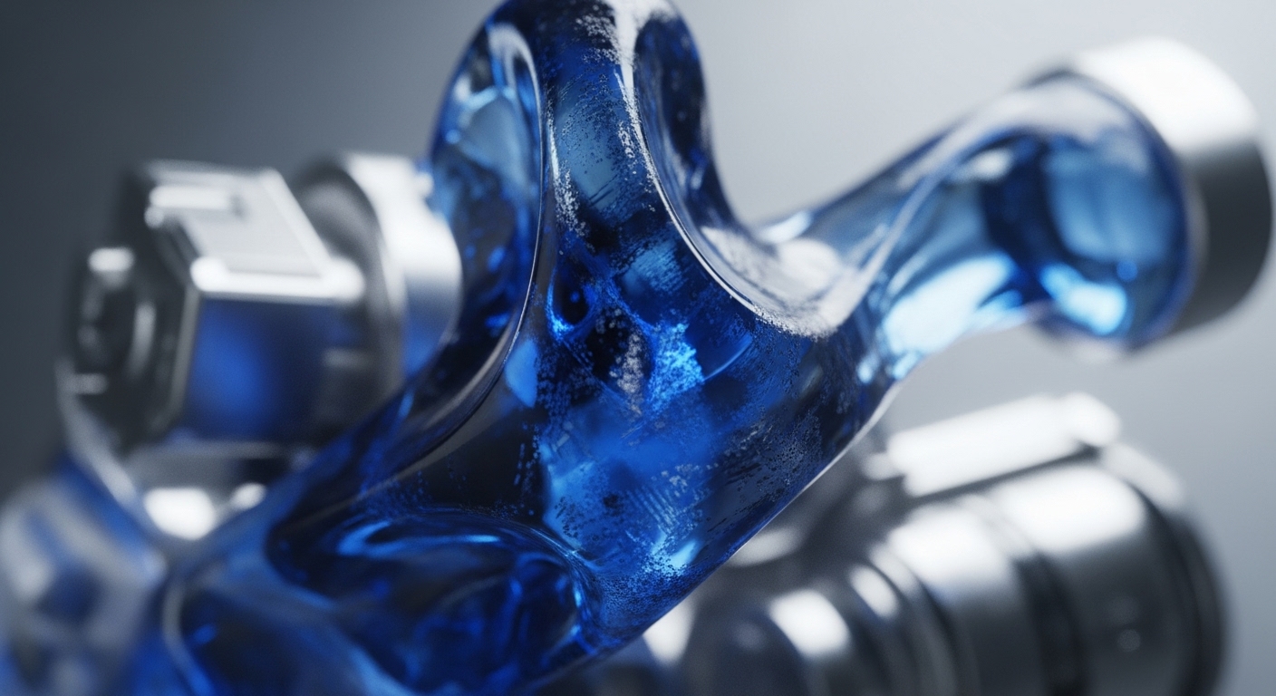 The image features a close-up of a dynamic, translucent blue liquid or gel-like substance, intricately shaped and flowing, with visible bubbles and surface textures. It is surrounded by blurred metallic components, suggesting a complex technological apparatus