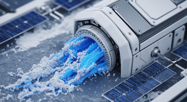 A sleek, modular white and grey apparatus, resembling a decentralized autonomous organization node, actively expels vibrant blue, filamentous material interspersed with fine white granular particles onto a metallic surface. Adjacent proof-of-work processing units, configured as small blue solar-like panels displaying transaction data patterns, suggest a distributed ledger technology operation. This visual metaphor encapsulates the dynamic process of tokenomics and digital asset generation within a Web3 infrastructure, illustrating resource output or hash rate computation from a sophisticated consensus mechanism.