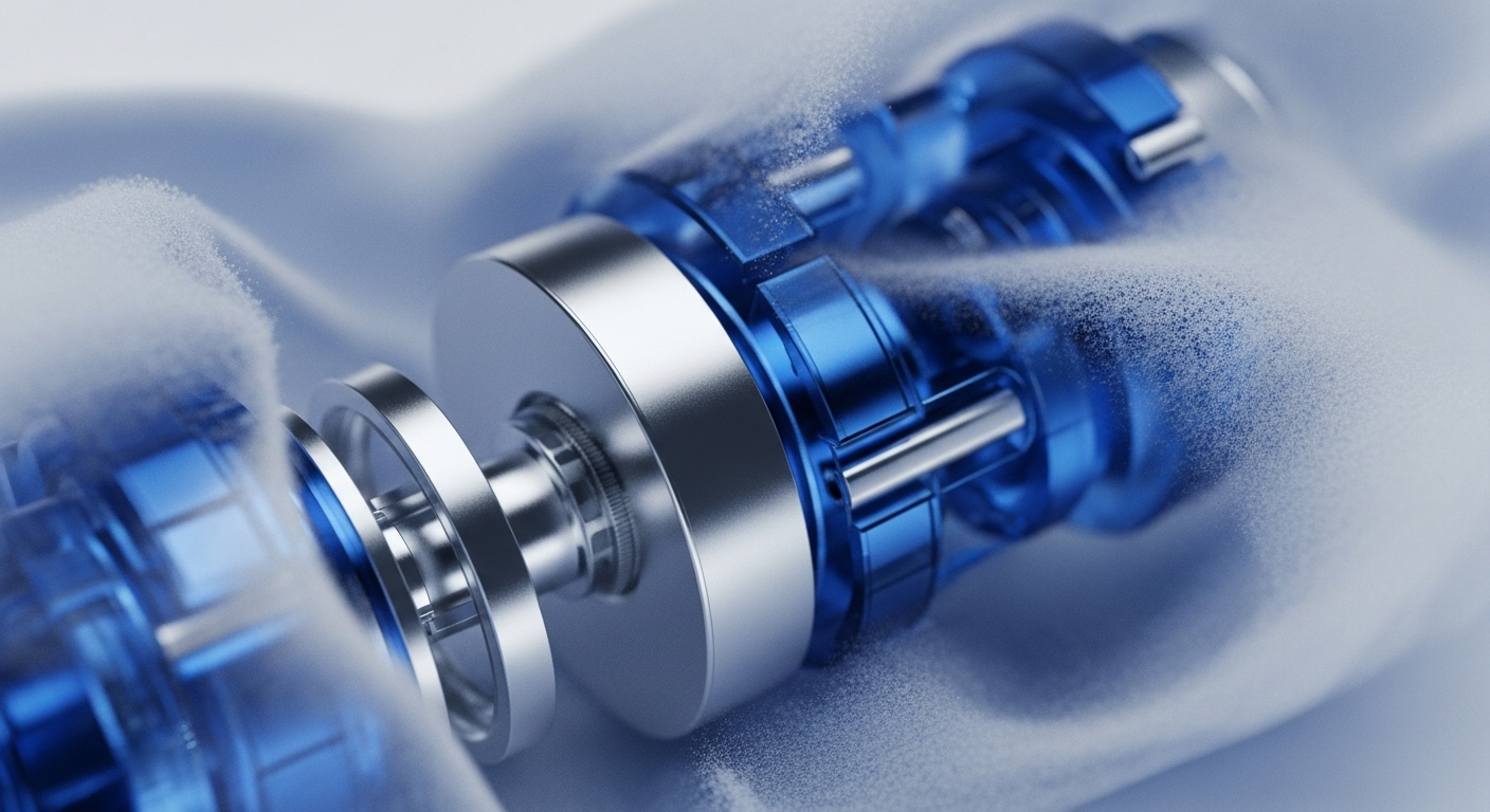 A high-fidelity render depicts a sophisticated mechanical assembly, featuring polished silver and translucent blue components, dynamically interacting with a fine, particulate substance. This intricate decentralized ledger technology DLT mechanism symbolizes the internal workings of a blockchain or cryptocurrency protocol. The blue elements could represent validator nodes or smart contract execution environments, while the metallic structures signify core infrastructure. The flowing particulate matter illustrates tokenomics or transaction throughput, undergoing a consensus mechanism or hashing algorithm process. It visually conveys block propagation and scalability solutions within a distributed network, emphasizing precision in cryptographic primitives.