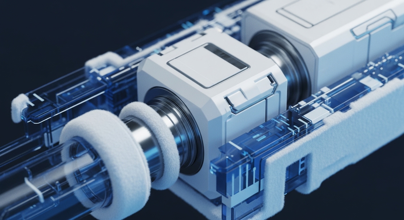 A close-up reveals an advanced technological mechanism featuring white, modular housing encasing metallic shafts. Soft, fibrous white rings encircle the shafts, suggesting a filtering or processing function. Transparent blue structural elements, resembling intricate circuitry, run parallel, showcasing embedded micro-components. This intricate architecture conceptually represents a blockchain's validator node actively engaged in transaction processing and data sharding. The transparent layers illustrate the underlying cryptographic hashing and consensus mechanism ensuring ledger immutability within a distributed network.