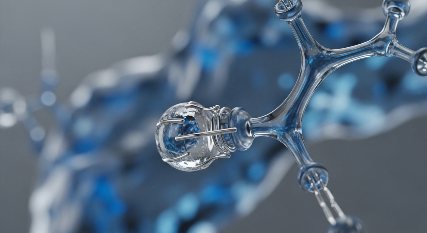 The image displays a transparent, glass-like molecular structure, featuring a central spherical component encased in metallic wires, connected to a branching network. Blue liquid or light fills the transparent material, creating a sense of dynamic flow within the structure