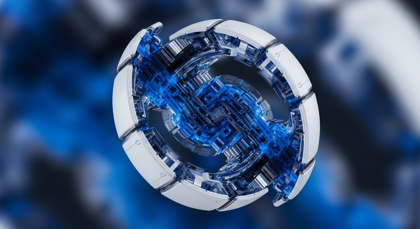 A spherical, segmented object dominates the frame, showcasing white, metallic outer components partially open to reveal a glowing, intricate blue internal mechanism. The background is a blurred dark blue, emphasizing the central structure