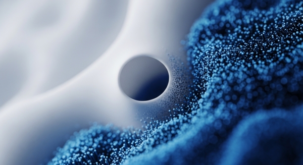 A central dark circular aperture, reminiscent of a data sink or a smart contract execution environment, anchors a dynamic abstract composition. Surrounding this core are undulating white and light blue surfaces, symbolizing blockchain layers or protocol architecture. A dense field of vibrant blue, granular nodes extends across the right and bottom, representing distributed network participants, validators, or individual transaction data points within a decentralized finance DeFi ecosystem. This visual metaphor highlights the intricate connectivity and data flow inherent in Web3 infrastructure, emphasizing cryptographic primitives and network stability. The composition suggests a complex peer-to-peer P2P interaction within a robust governance framework.