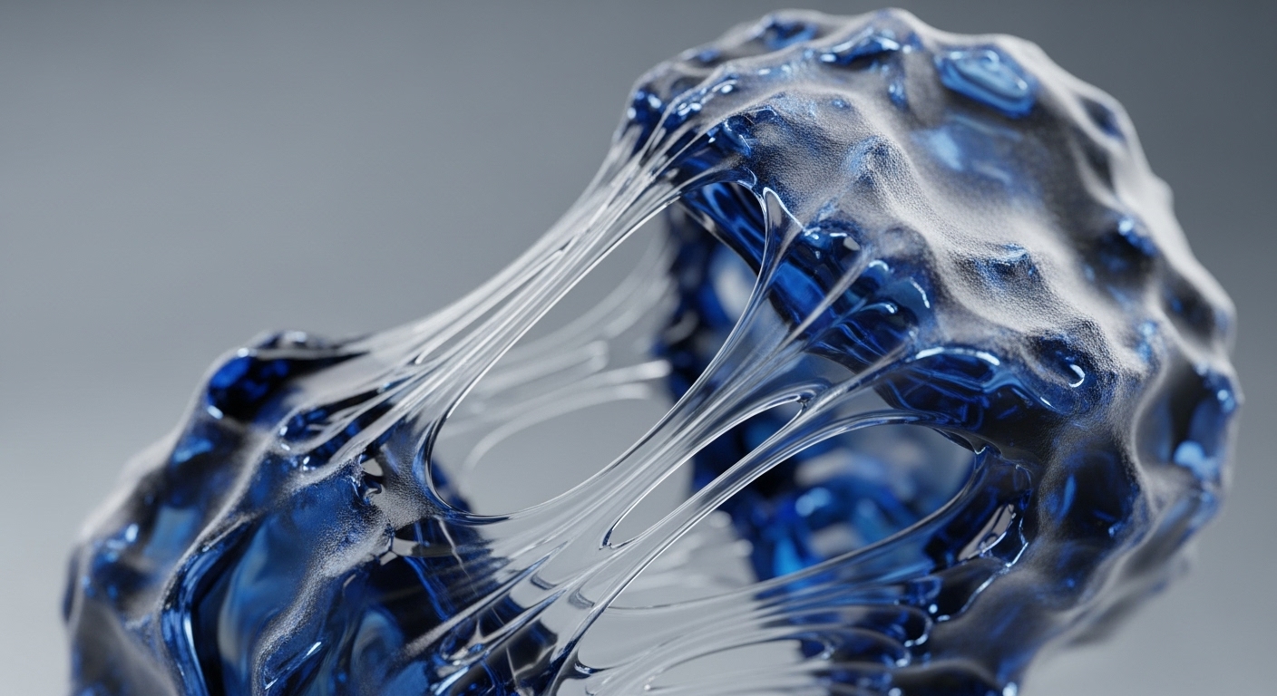 A striking abstract composition features a central, dark blue, textured object with both reflective, glossy surfaces and frosted, granular areas. Transparent, stretched filaments extend across and through this object, creating a dynamic, interconnected web against a neutral grey background