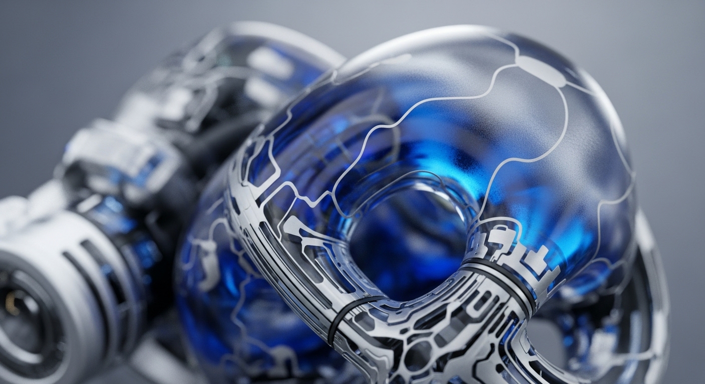 A striking, futuristic object features a translucent blue core encased by an intricate silver-metallic shell, forming a complex, interconnected toroidal shape. The surface displays detailed patterns resembling advanced circuit board traces or data pathways, with a soft grey background providing depth