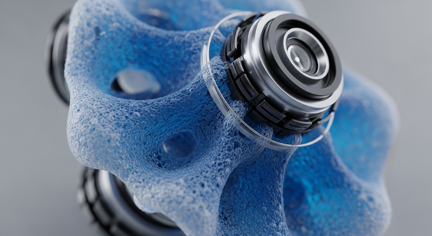 A vibrant blue, porous, organic-like structure, resembling a sponge or cellular network, dominates the frame, with a sophisticated metallic component embedded within it. This metallic element is circular, multi-layered, featuring a central lens and an intricately segmented outer ring, encircled by a thin transparent ring