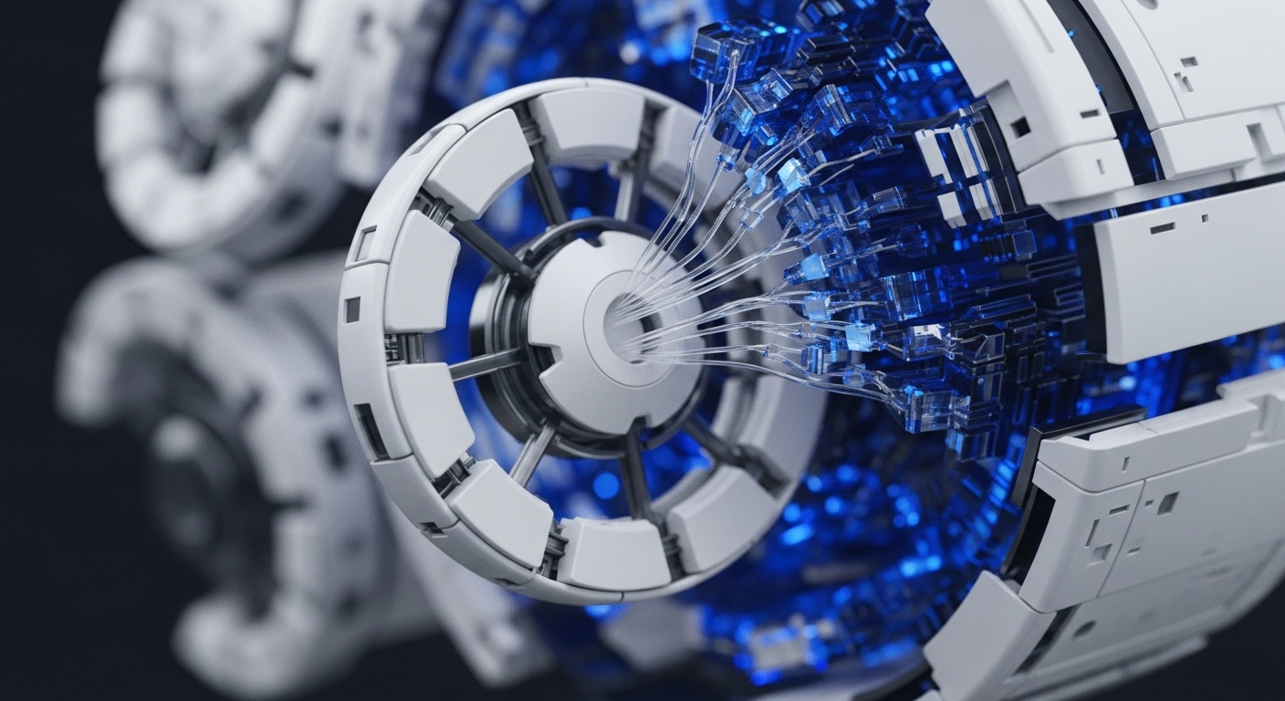 A detailed, futuristic mechanical component, primarily white and grey, features a luminous blue internal structure. Translucent strands emerge from its center, linking to numerous glowing blue cubic elements
