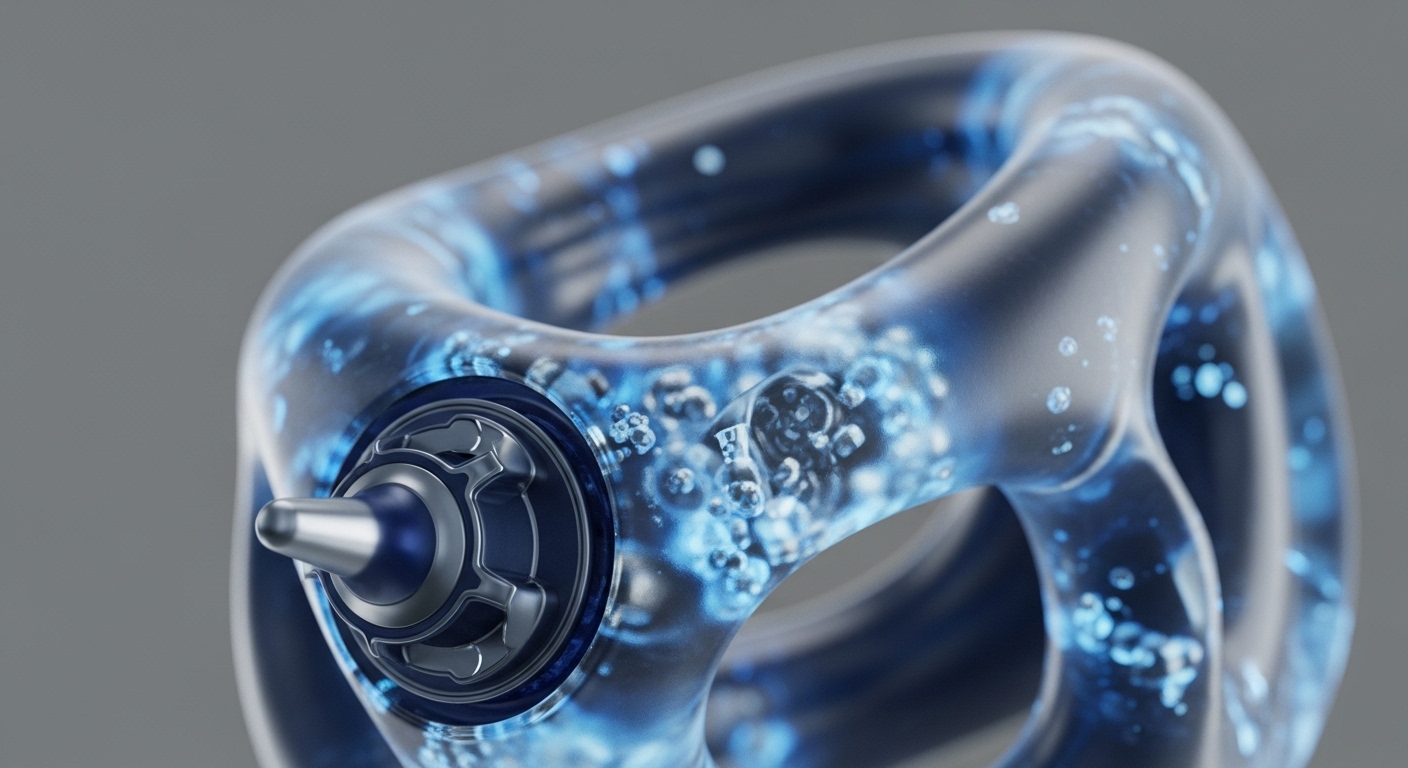 A translucent, dark blue toroidal object, filled with glowing blue bubble-like structures, features a prominent metallic mechanism with a silver tip on its side, set against a plain grey background. This intricate 3D render visually represents a complex decentralized autonomous organization DAO or a Layer 2 scaling solution within the blockchain ecosystem