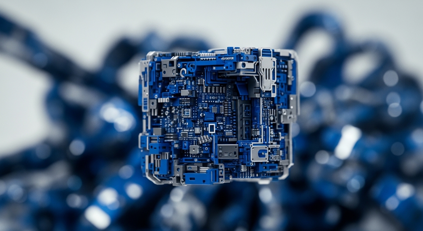 A meticulously rendered cube, intricately formed from blue and silver electronic circuit board components and microchips, is sharply focused in the foreground. The complex structure showcases detailed connections and embedded circuitry, suggesting advanced digital processing capabilities