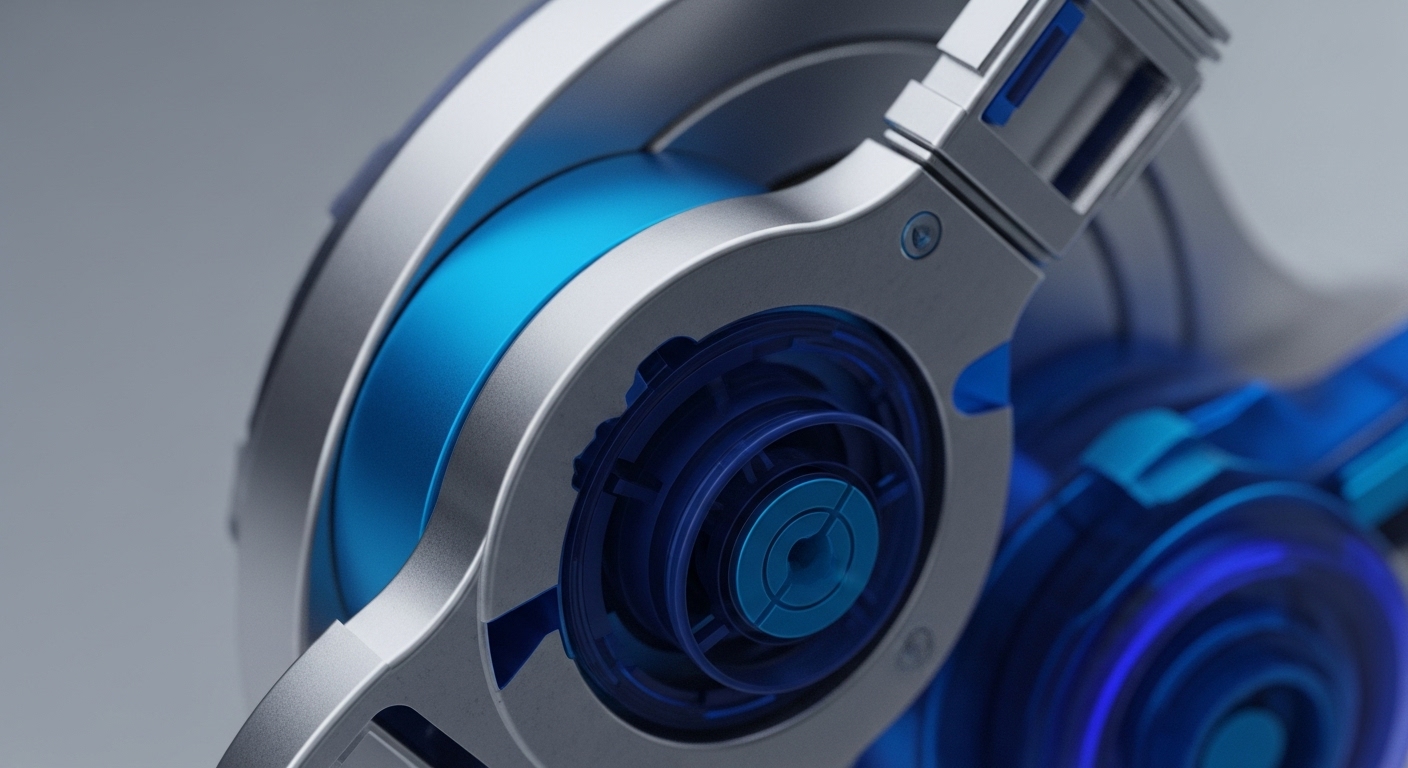 A detailed view showcases a futuristic mechanical device, predominantly silver-grey with striking blue accents. The object features concentric rings and complex internal mechanisms, some glowing with an intense blue light