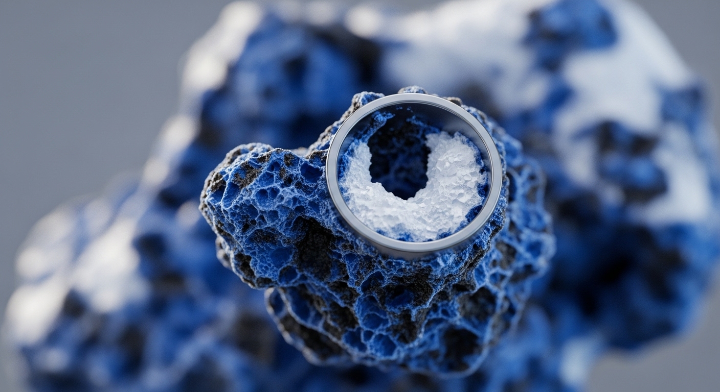 The image displays a detailed close-up of a textured, porous blue and black formation, with a prominent metallic ring framing a white, granular interior. This intricate visual represents the core mechanics of a decentralized ledger technology