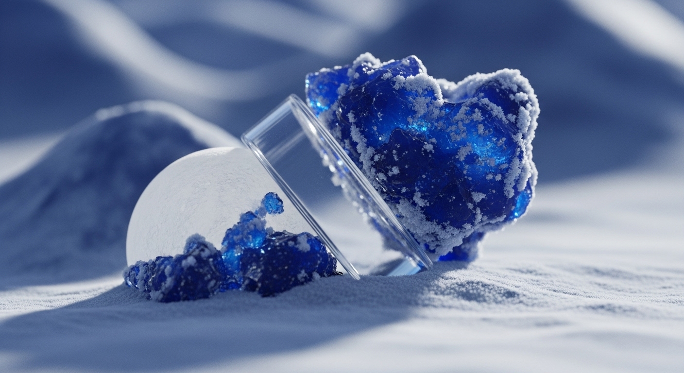 A vibrant blue crystalline formation covered in white frost stands beside a clear rectangular glass panel, which in turn rests near a smooth white sphere, all nestled in a landscape of pristine white snow dunes. This visual narrative abstracts the complex mechanisms of a blockchain architecture