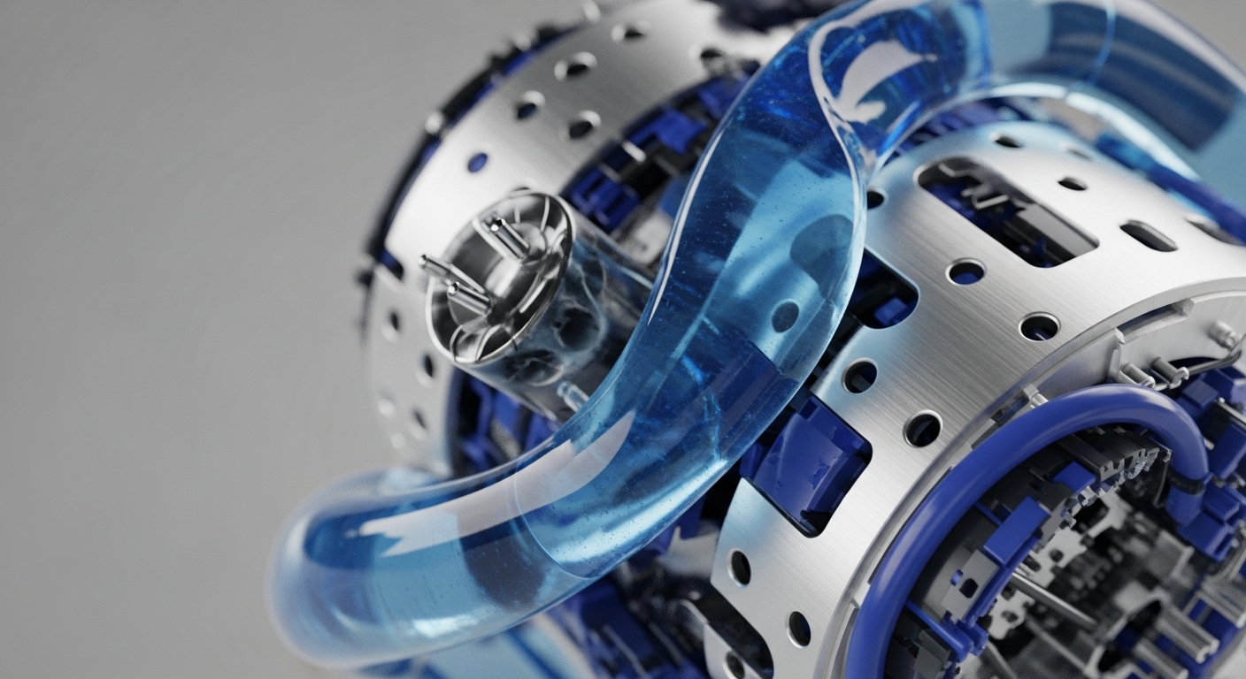 A detailed view reveals a sophisticated technological apparatus, featuring brushed metallic plates with circular perforations and interconnected translucent blue tubing. Vibrant blue internal components and intricate wiring are visible within the structure, suggesting complex operational processes