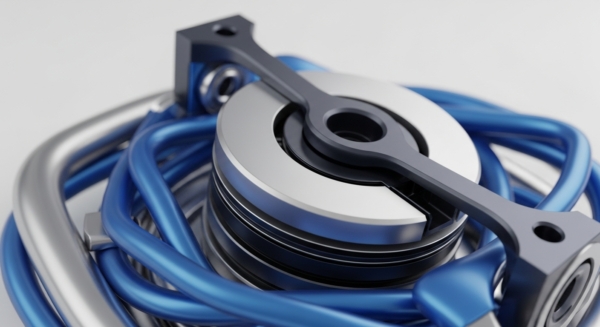 A meticulously engineered assembly showcases a central stack of metallic protocol layers, topped by a dark, stylized validation key. This key appears to govern or activate the underlying decentralized ledger architecture. Surrounding and interwoven are numerous glossy blue and silver conduits, representing dynamic inter-chain communication channels and secure data streams. The intricate arrangement highlights robust tokenomics infrastructure and precise smart contract execution pathways, critical for a scalable blockchain network.