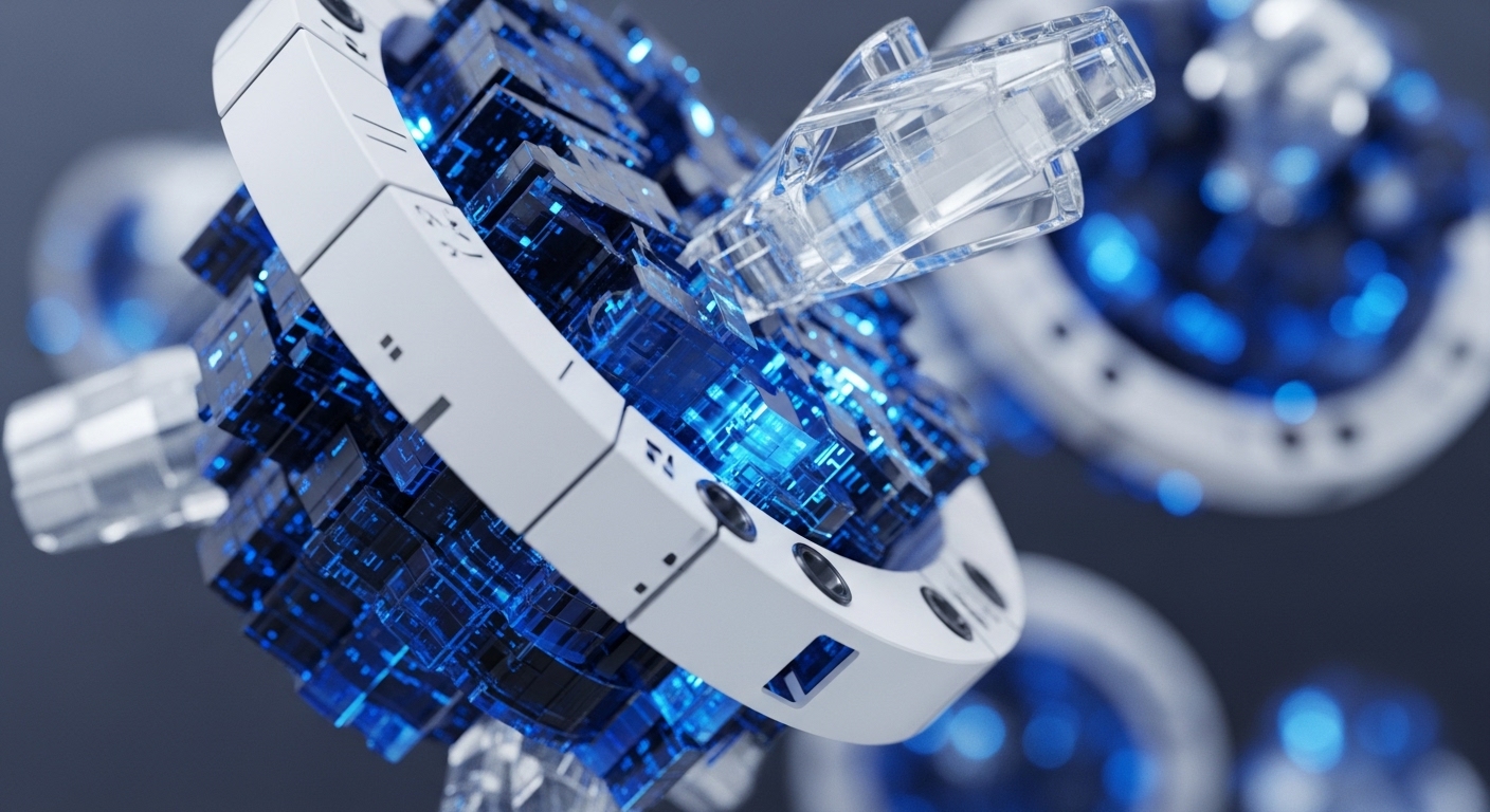 A prominent white ring structure, filled with glowing blue, interconnected translucent blocks, dominates the foreground. A clear, crystalline connector, resembling an Ethernet plug, extends from this central hub