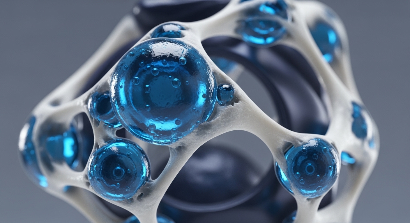 The image displays a detailed, close-up view of a three-dimensional structure composed of numerous translucent blue spheres interconnected by an organic, off-white skeletal framework. Smaller bubbles are visible within the larger blue spheres, adding to their intricate appearance