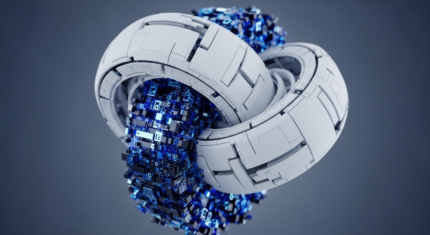 The image displays two intricately designed, interlocking white structures, resembling futuristic rings or toruses, against a muted grey background. Within and around these structures, a dense, dynamic cascade of glowing blue and dark digital cubes and rectangular elements flows, suggesting complex data movement