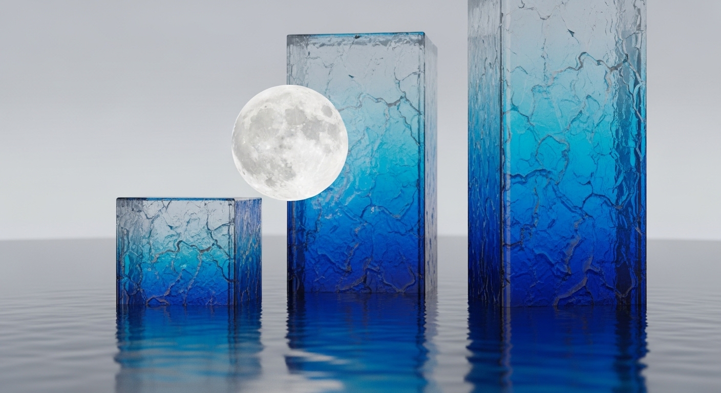 Three textured, translucent blocks, varying in height and displaying a blue gradient, stand in rippled water under a full moon. The blocks transition from clear at the top to deep blue at their base, reflecting in the surrounding liquid
