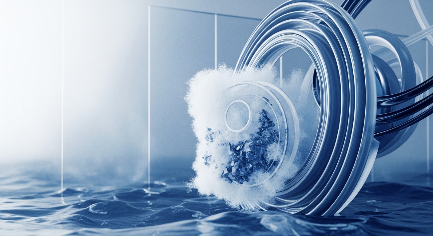 A prominent metallic, spiraling structure, featuring concentric rings, emerges from a rippling body of water, with a luminous white cloud and blue crystalline fragments contained within its central vortex. The background presents a clean, light blue gradient with subtle vertical lines, suggesting a high-tech, digital environment