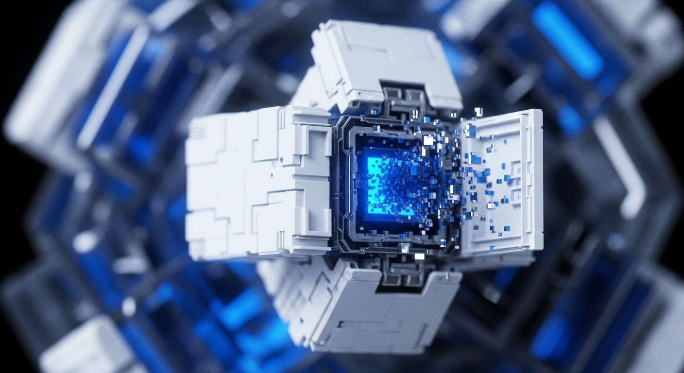 A futuristic white modular structure occupies the central foreground, its core emitting a vibrant blue luminescence as it actively disperses numerous smaller blue and white cubic particles outwards. Surrounding elements, blurred and abstract, imply a vast interconnected system