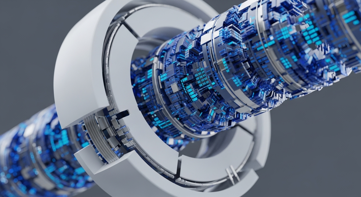 A cylindrical structure showcases an intricate core of blue and grey digital components, evoking a high-throughput blockchain architecture. Luminous blue elements suggest active data streams and cryptographic operations, indicative of transaction validation within a distributed ledger technology DLT framework. The segmented white outer casing implies a robust, modular design, essential for network scalability and the execution of complex smart contracts. This visual metaphor highlights the underlying mechanisms ensuring data immutability and protocol integrity in a decentralized ecosystem.