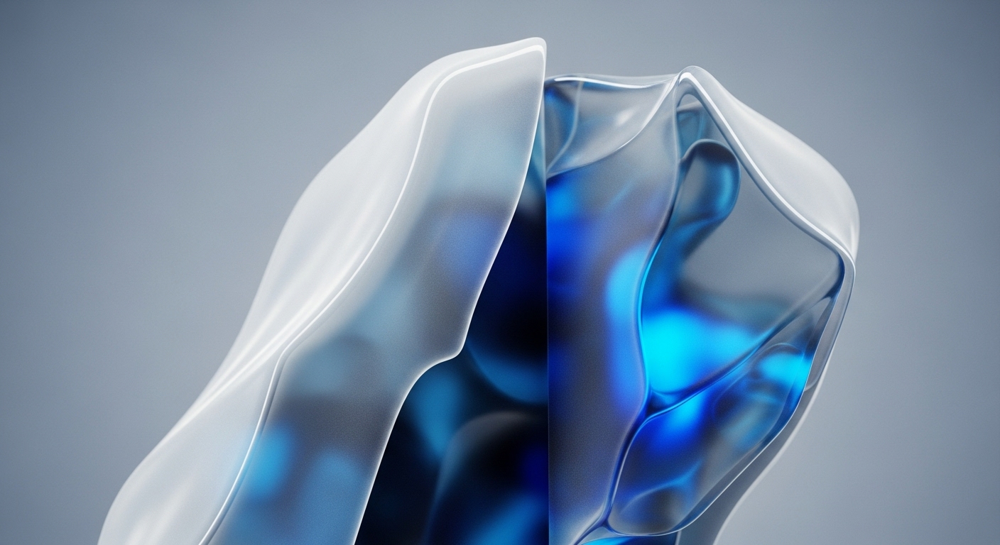 The visual displays abstract, flowing structures composed of translucent, light-grey outer layers encasing an intensely glowing, deep blue interior. These forms exhibit a smooth, undulating quality against a soft, neutral background, creating a sense of depth and dynamic interaction between the layers