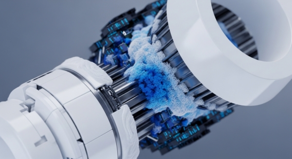 A detailed view of a modular, cylindrical white mechanism reveals its internal core actively processing. Luminous blue crystalline structures, indicative of aggregated transaction data or encrypted digital assets, are partially enveloped by dynamic white, frothy elements. This visual metaphor represents a complex cryptographic primitive at work, illustrating a consensus mechanism's on-chain processing and validation within a distributed ledger technology framework, emphasizing data integrity and network resilience in a trustless environment.