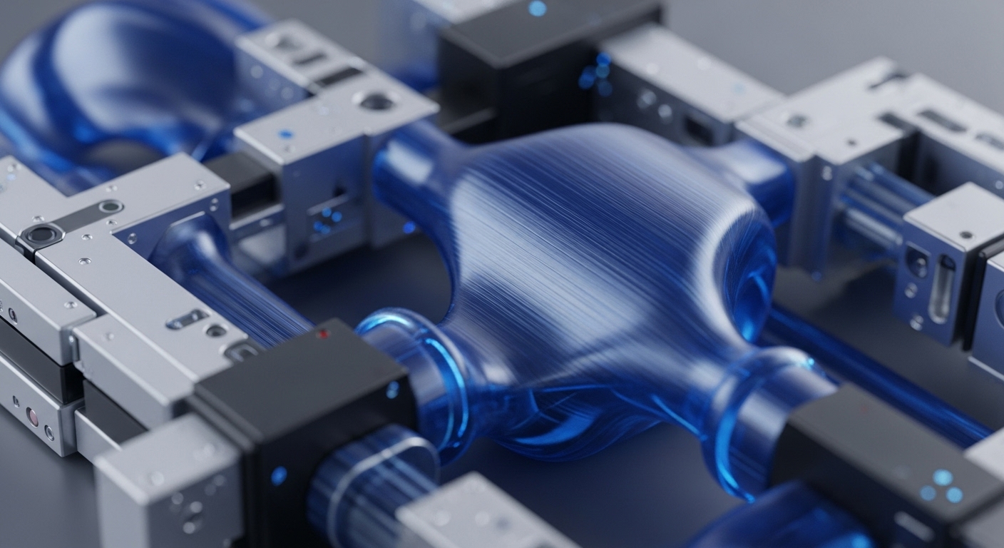 The image displays a complex, interconnected system of silver-grey modular components surrounding a central, translucent blue structure. This blue element appears to be a conduit or processing chamber, exhibiting internal striations and glowing blue points, suggesting active flow and data transmission