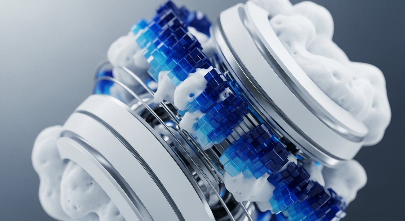 A detailed view presents a sophisticated assembly of white circular structures and metallic supports, encasing rows of translucent blue cubic blocks. A frothy white substance appears to be actively flowing around and between these components, creating a sense of dynamic interaction