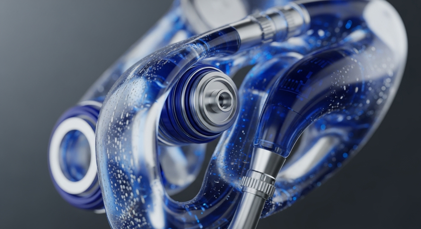 The image displays a complex, transparent tubular structure filled with a vibrant blue liquid and numerous small white particles, featuring metallic connection points and internal mechanisms. The intricate design suggests a sophisticated fluid dynamics system, rendered with sharp focus on its various components