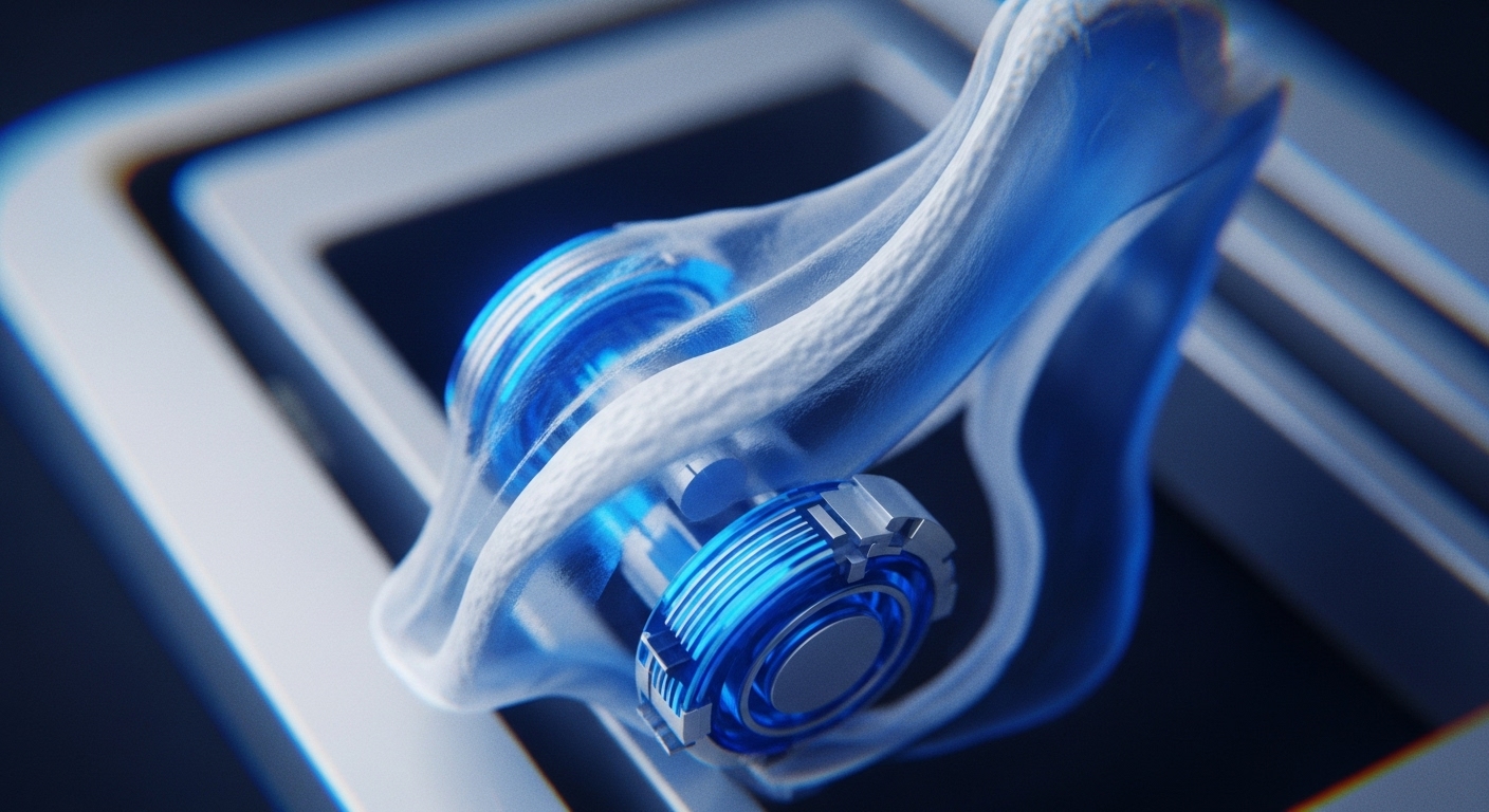 The image showcases two distinct, glowing blue mechanical components, possibly representing processing units, enveloped by a translucent, flowing white and blue organic-like material. These elements are set against a blurred background of white geometric lines on a dark blue field, creating a high-tech, abstract aesthetic