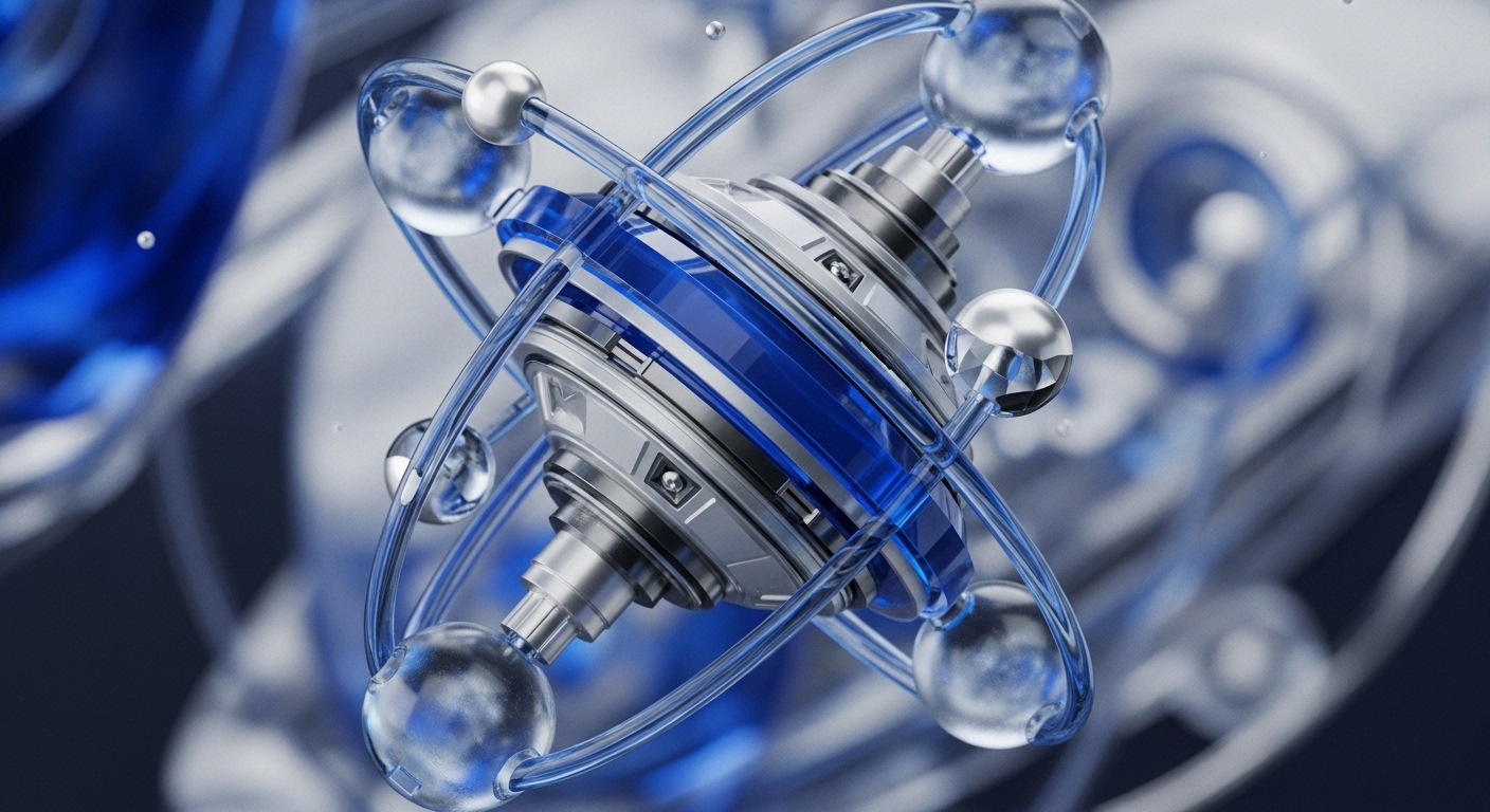 A detailed rendering displays a central, multi-layered metallic and blue core structure, dynamically encircled by transparent, interconnected rings supporting various spherical nodes. This precise assembly evokes a sophisticated technological framework