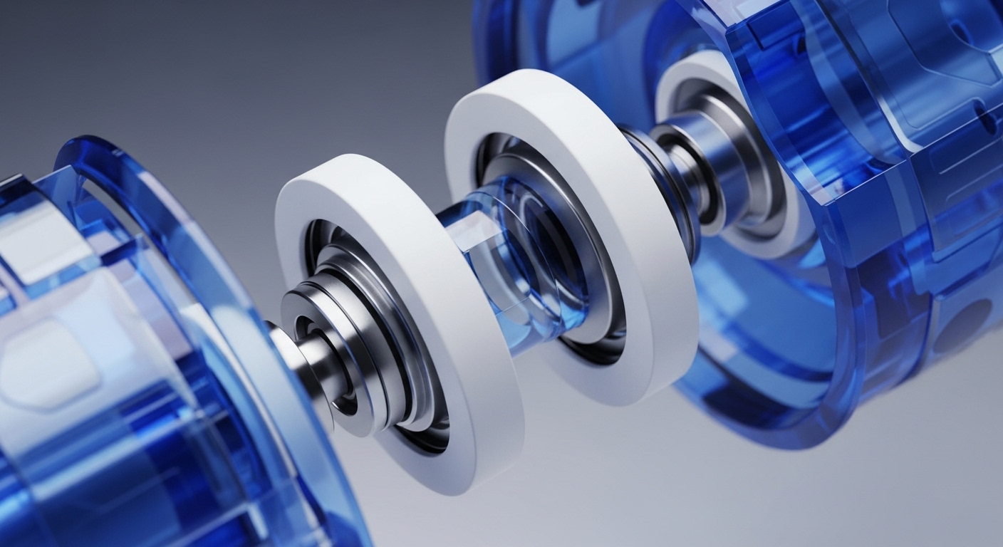 An intricate mechanical assembly is showcased, featuring polished metallic shafts, precise white circular components, and translucent blue elements. These components are depicted in a partially disassembled state, revealing their internal workings and interconnected design, emphasizing functional precision