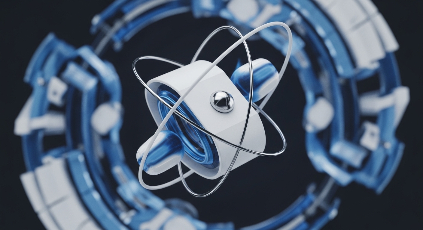 A central white cylindrical object, adorned with a metallic sphere and multiple orbiting silver rings, displays dynamic blue and white patterns within its core. A blurred, segmented blue and white circular structure forms the background, suggesting a larger interconnected system