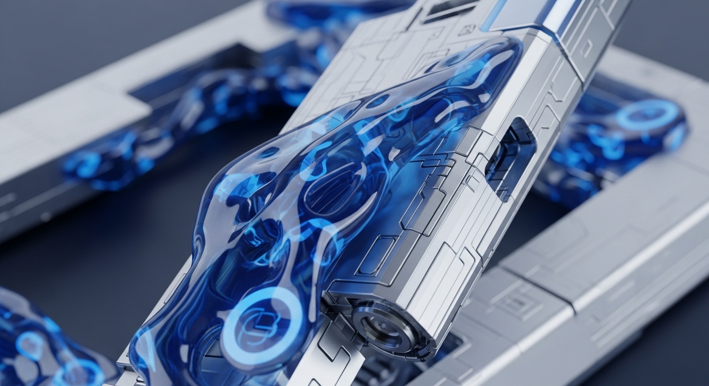 The image displays a futuristic, silver-toned modular structure with intricate etched patterns, resembling advanced circuit board components. A luminous, translucent blue substance, appearing as a fluid or energy, flows dynamically through integrated channels and over surfaces of this metallic framework