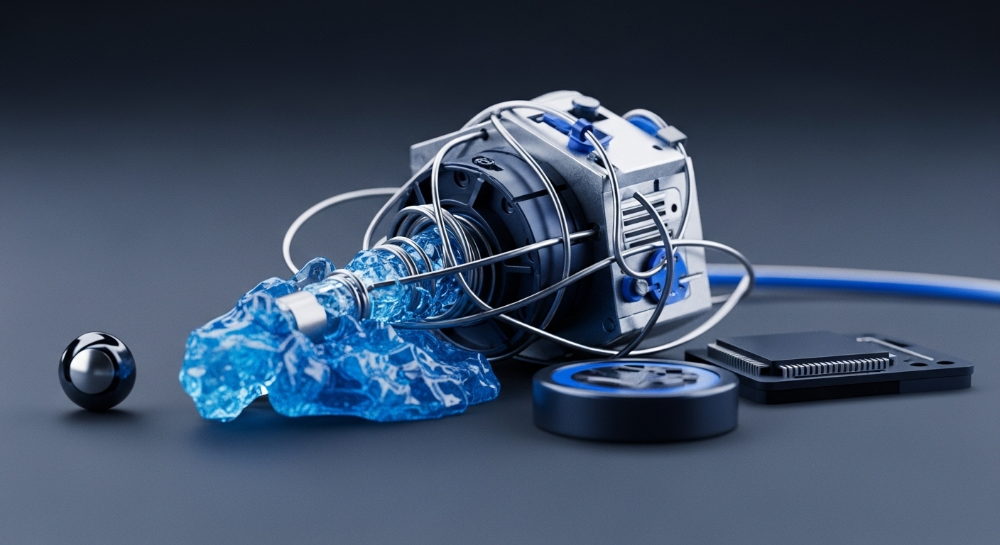 The image features a complex, futuristic device with metallic and dark blue components, emitting a glowing blue, crystalline substance. Various technological elements, including a polished sphere, a microchip, and a circular token-like object, are arranged around it on a dark grey surface