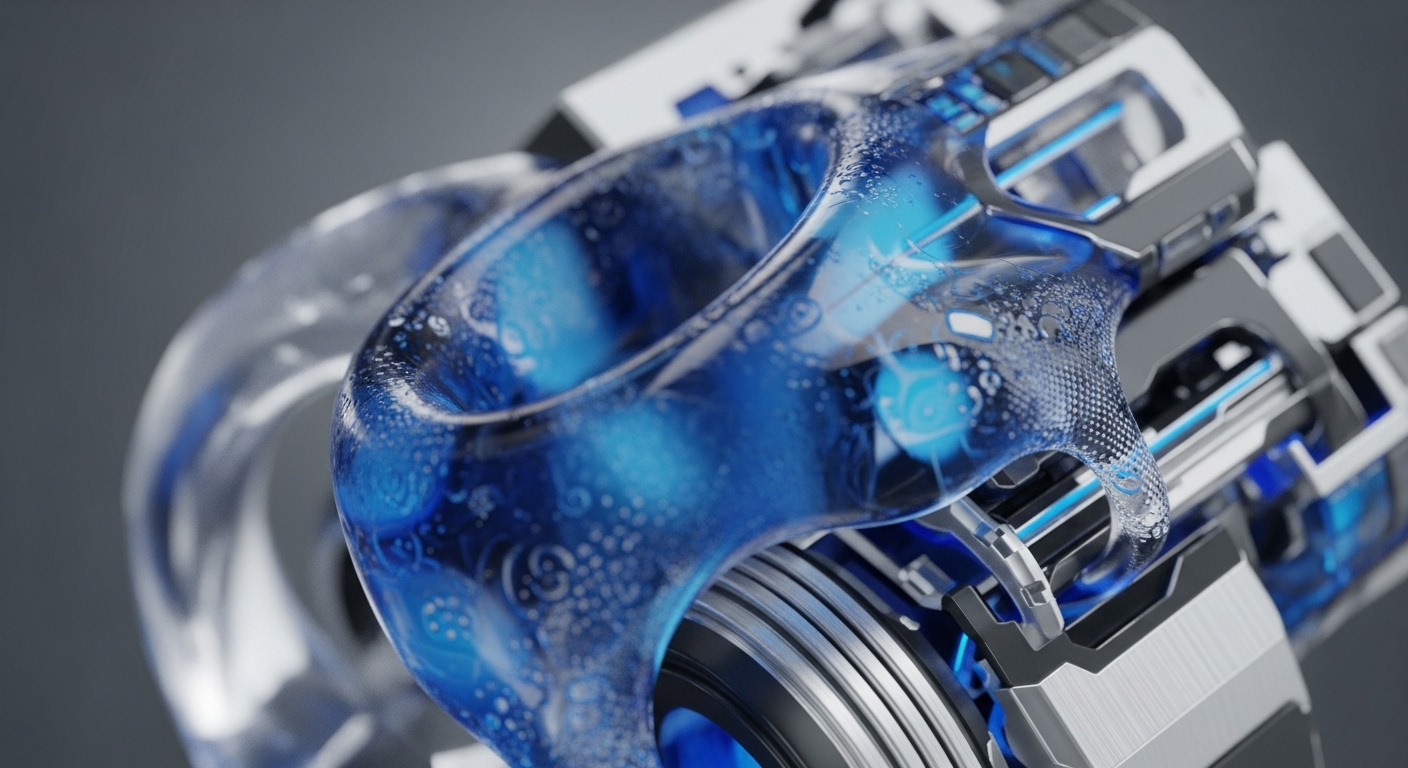 A detailed view presents a translucent blue, fluid-like structure embedded with intricate patterns and bubbles, seamlessly integrated with brushed metallic and dark grey mechanical components. The central blue element appears to be a conduit or processing unit, connecting to a larger, multi-layered framework of silver and black hardware