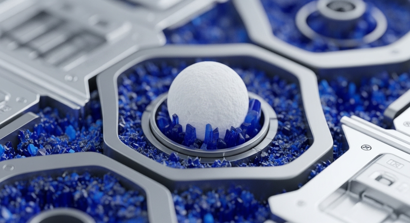 A sophisticated metallic hexagonal grid, brimming with vibrant blue crystalline fragments, forms a modular infrastructure. A prominent white, textured sphere is centrally positioned within one hexagonal cell, supported by larger blue crystal formations