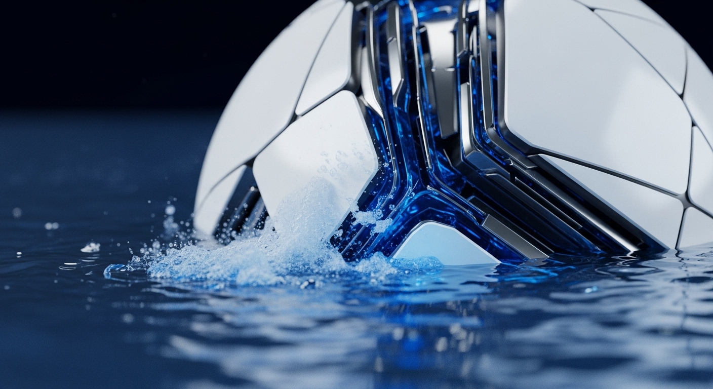 A futuristic, modular object, composed of white polygonal panels and intricate blue glowing internal structures, is partially submerged in dark blue water. Water splashes dynamically around the object, creating ripples and bubbles on the surface